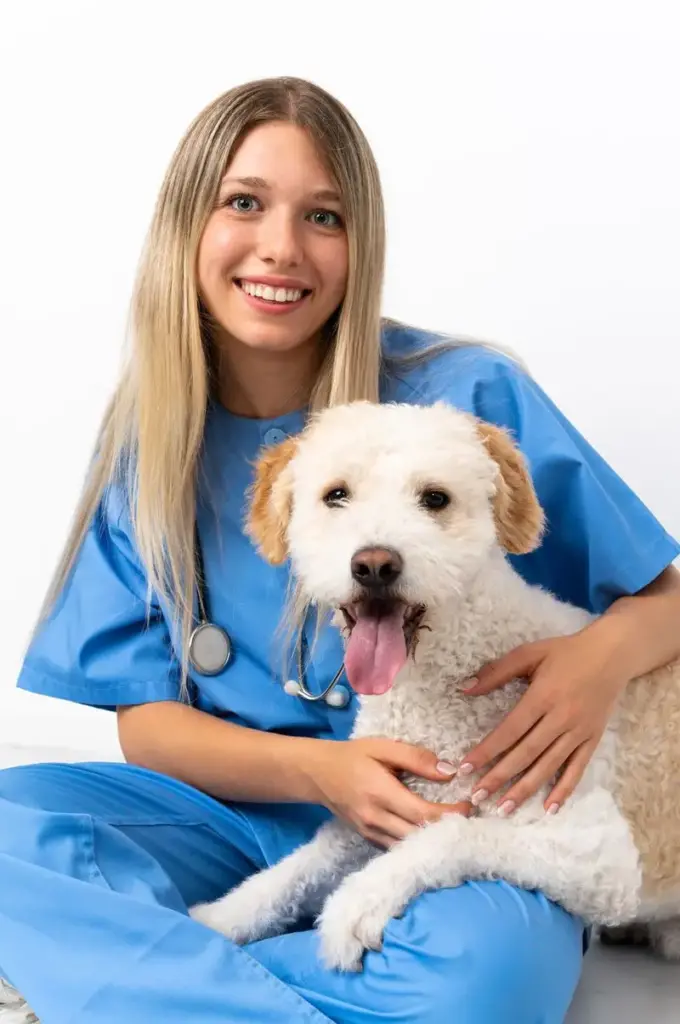 Veterinaria sosteniendo un gato atigrado